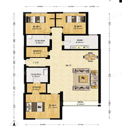 朝阳区 北四环东路89号公寓1幢3层3单元301室（富成花园）