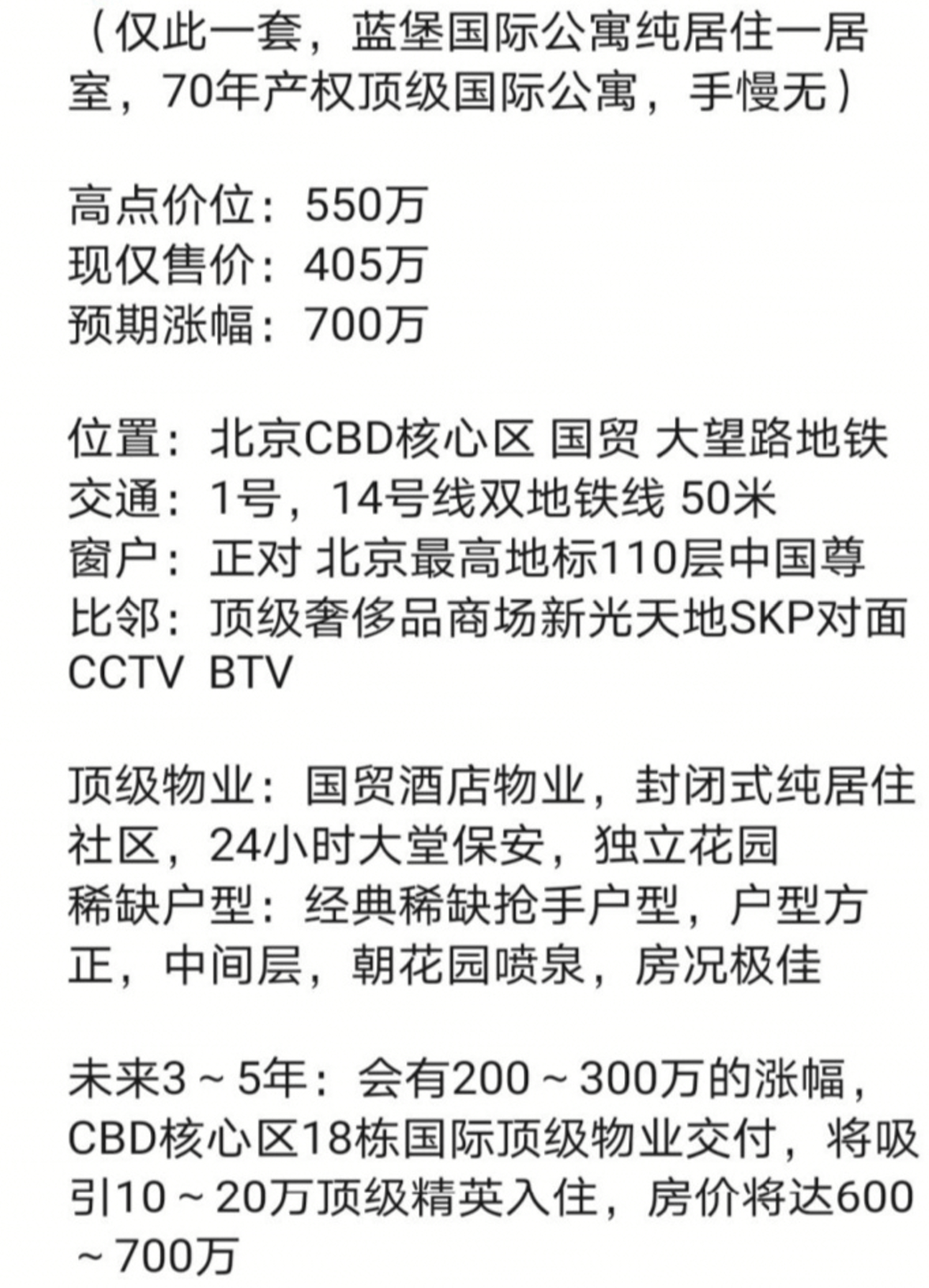 蓝堡国际公寓1室0厅45平米404万元